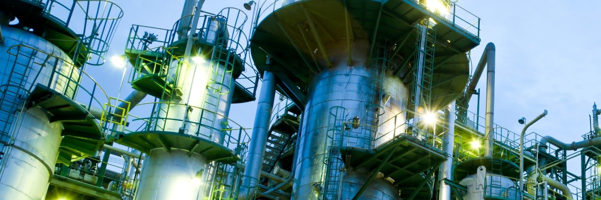 petrochemical towers at dusk